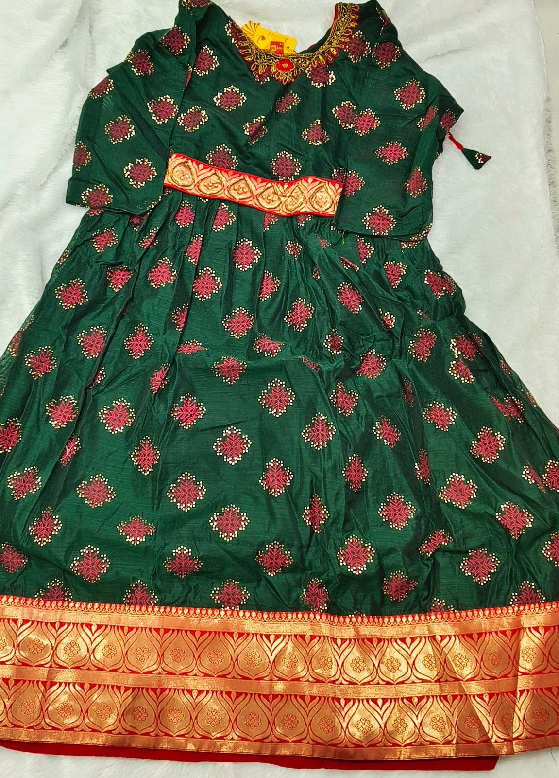 Green Premium Cotton Silk Long Umbrella Kurti with Kanchi Border &  Hip Belt (4xl , 5xl, 6xl )