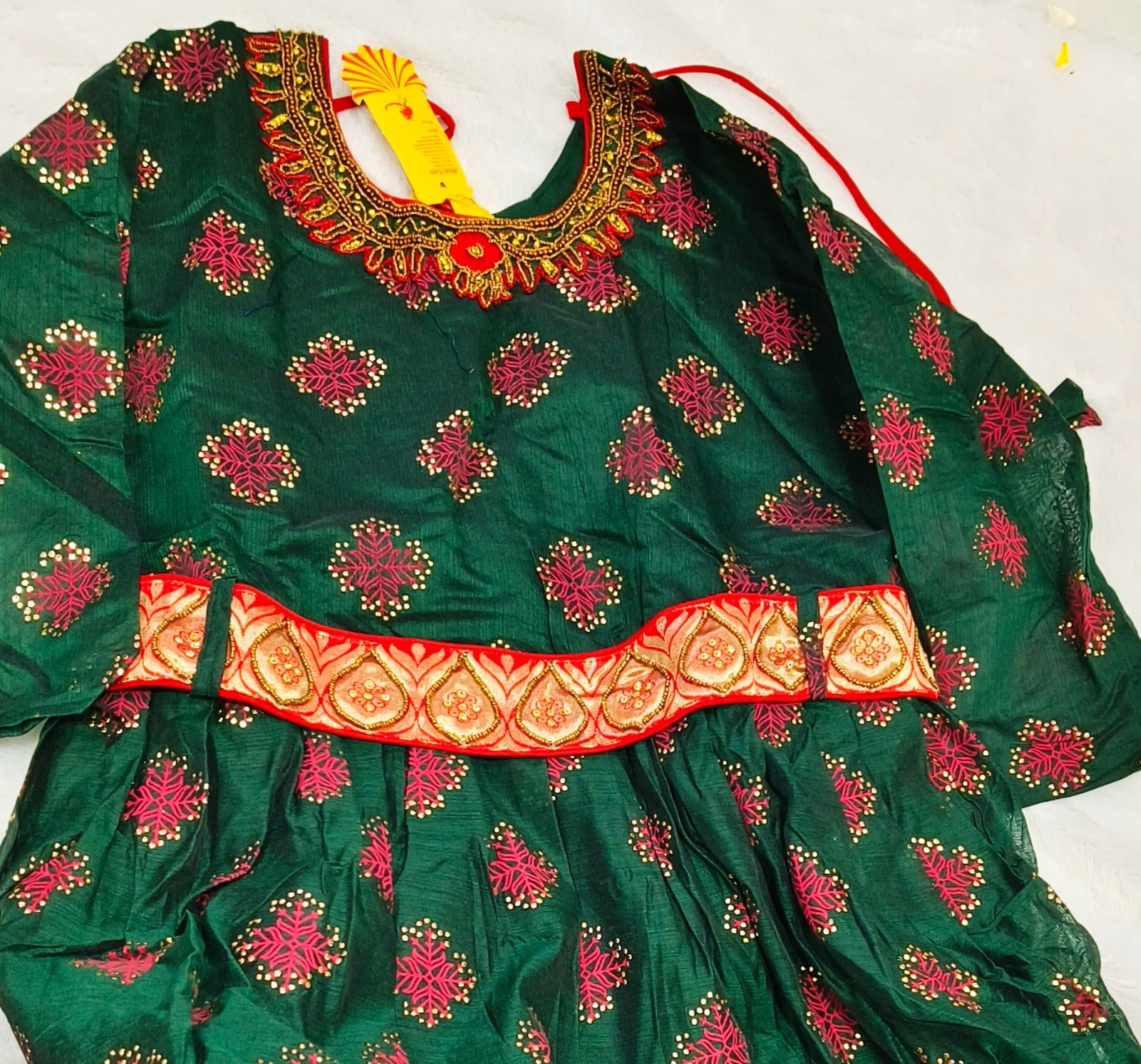 Green Premium Cotton Silk Long Umbrella Kurti with Kanchi Border &  Hip Belt (4xl , 5xl, 6xl )