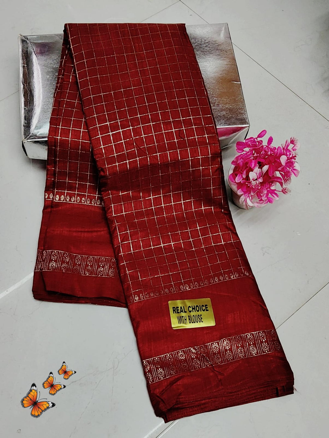 Red Vichitra SilkSaree with Foil Print Checks & Running Blouse | Festive Wear Saree