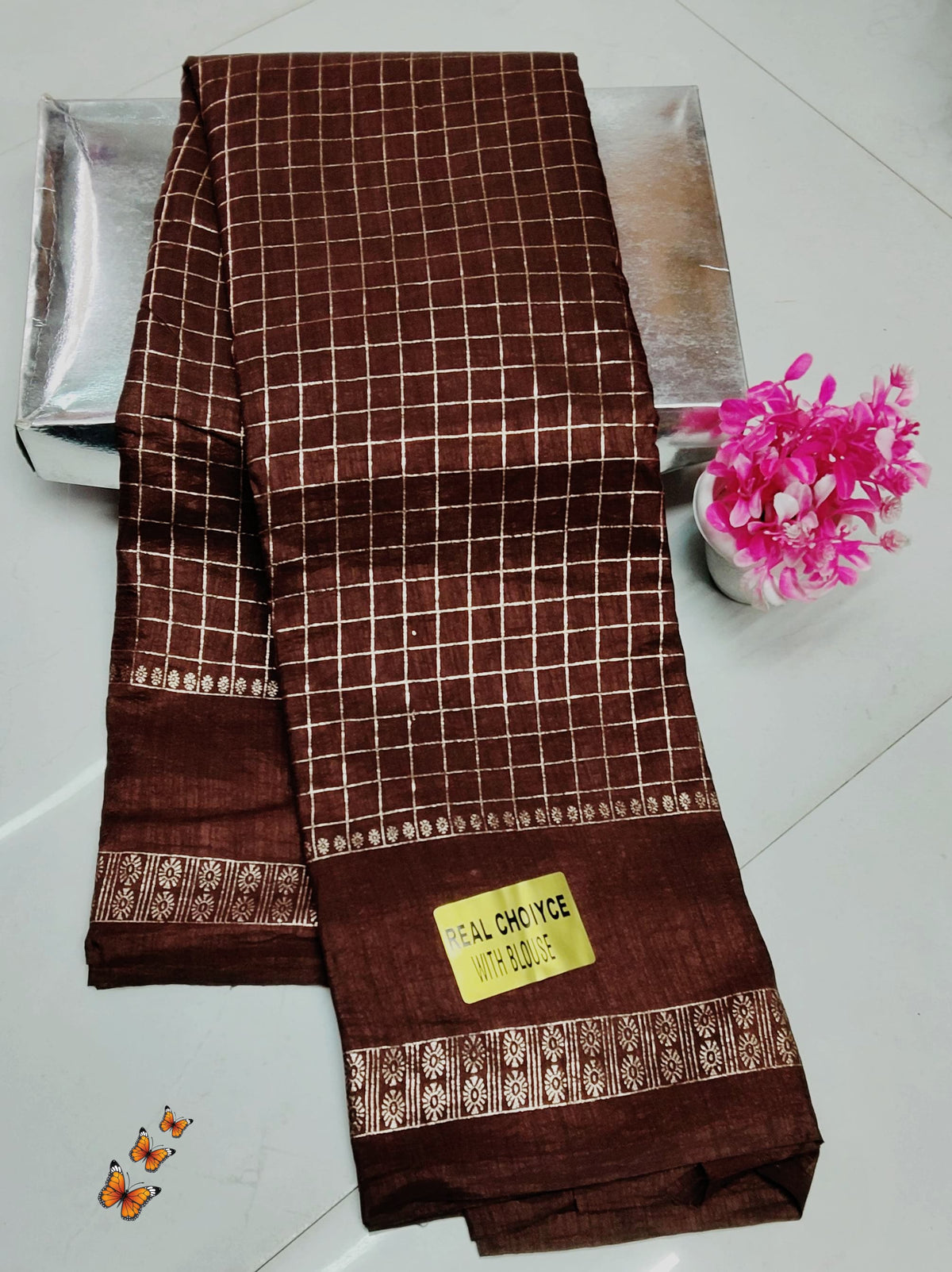 Brown Vichitra SilkSaree with Foil Print Checks & Running Blouse | Festive Wear Saree