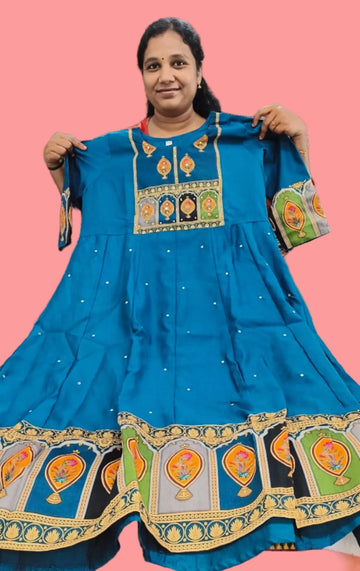 Peacock Blue Premium Chanderi Silk Mirror & Zari Work Kurti Set