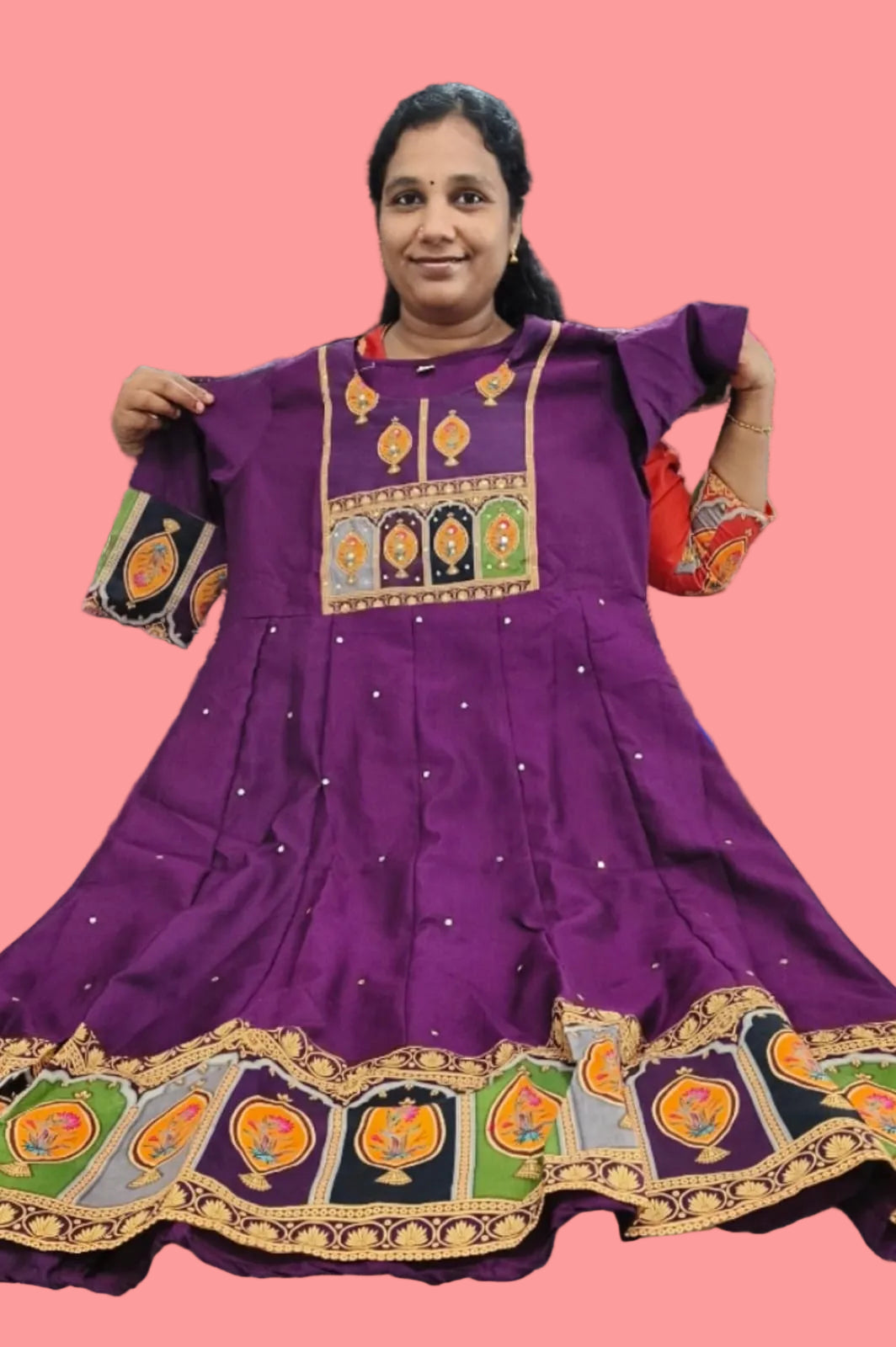Purple Premium Chanderi Silk Mirror & Zari Work Kurti Set