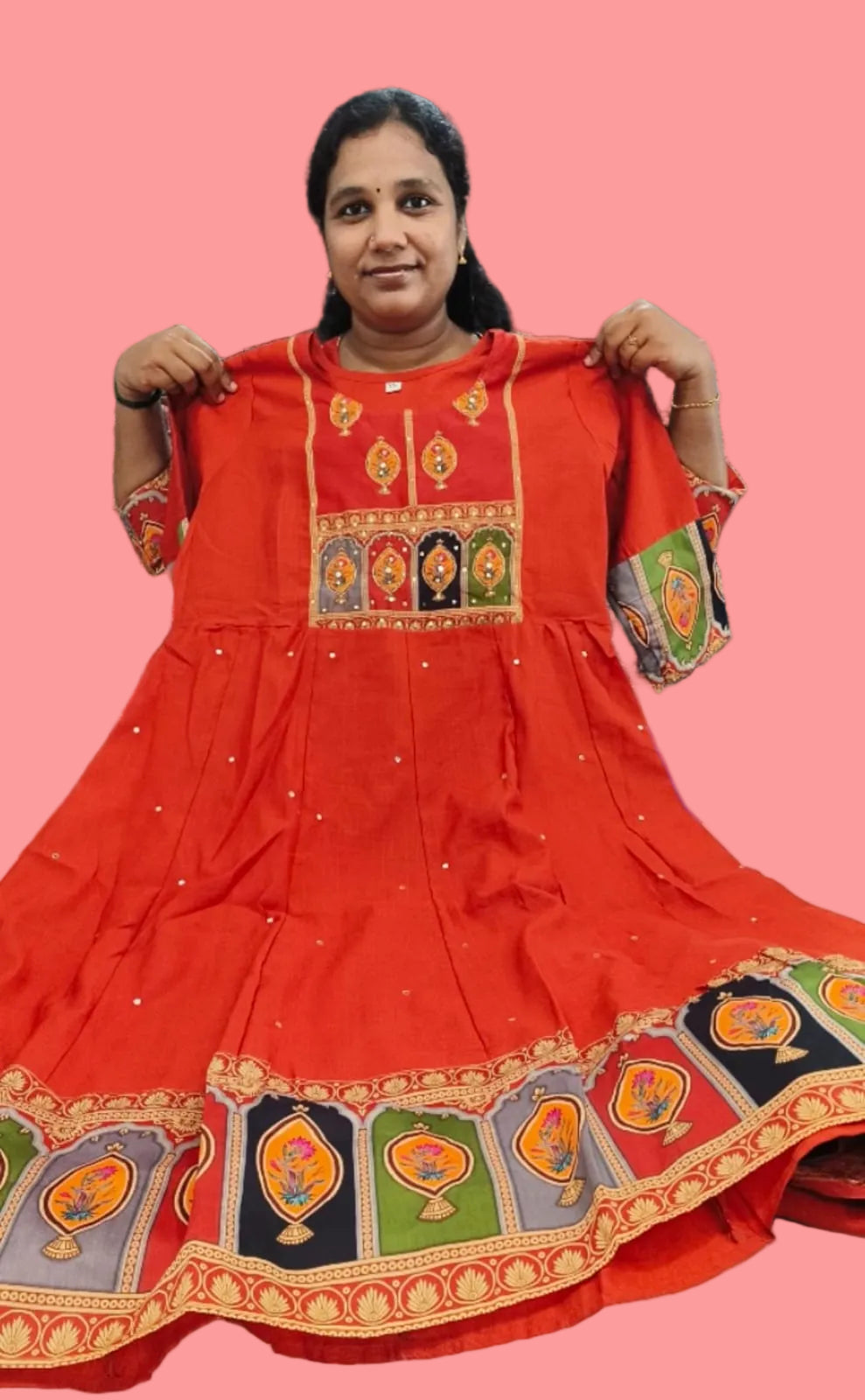 Rustic Orange Premium Chanderi Silk Mirror & Zari Work Kurti Set