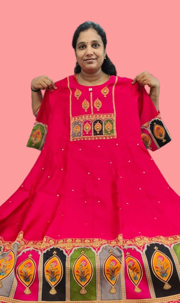 Rani Pink Premium Chanderi Silk Mirror & Zari Work Kurti Set