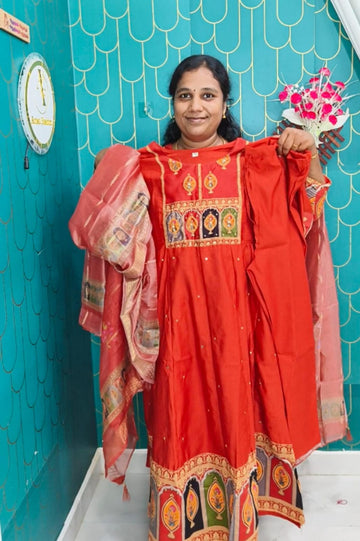 Rustic Orange Premium Chanderi Silk Mirror & Zari Work Kurti Set
