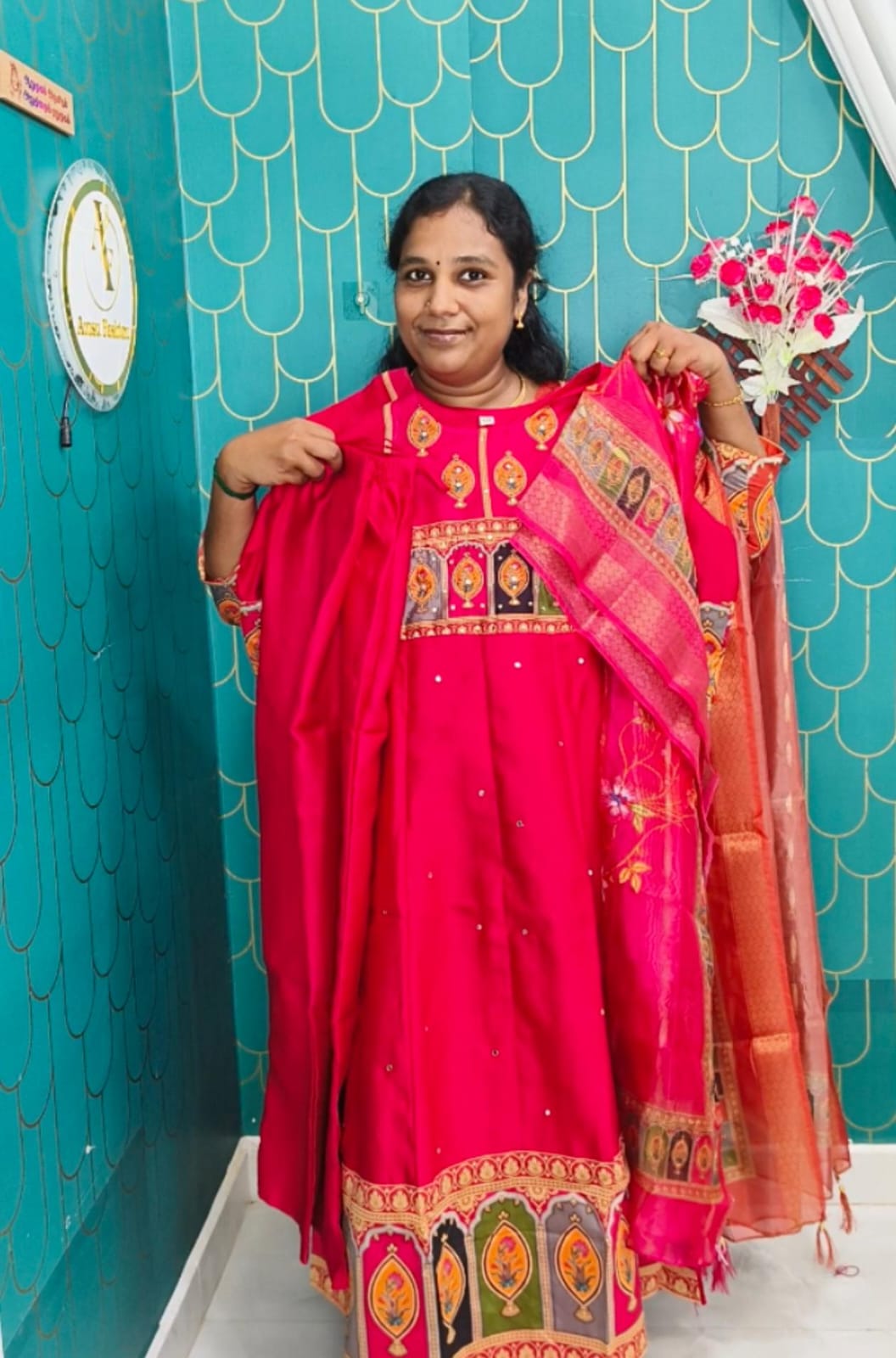 Rani Pink Premium Chanderi Silk Mirror & Zari Work Kurti Set