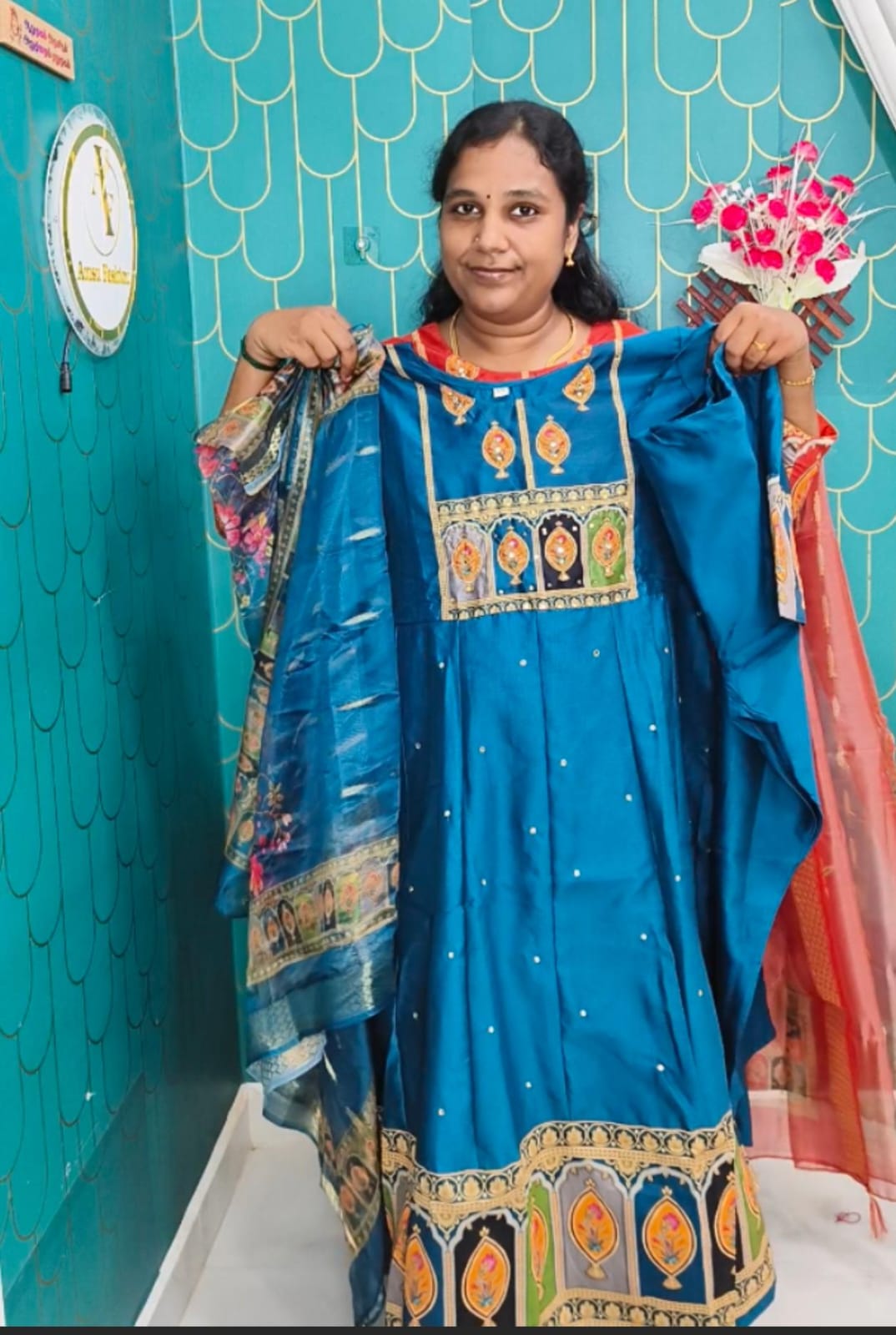 Peacock Blue Premium Chanderi Silk Mirror & Zari Work Kurti Set