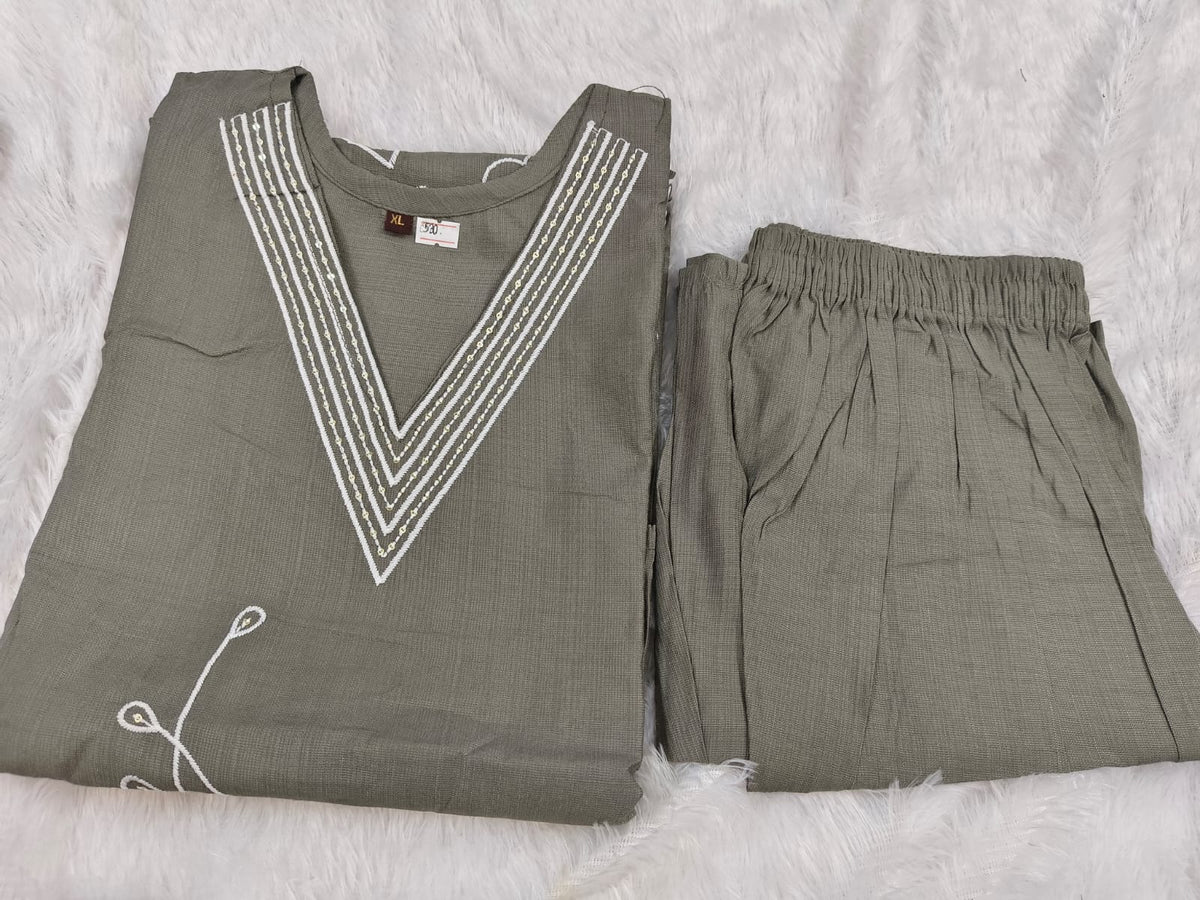 Grey Premium Embroidered V-Neck Co-Ord Set for Women | Top Pant Set