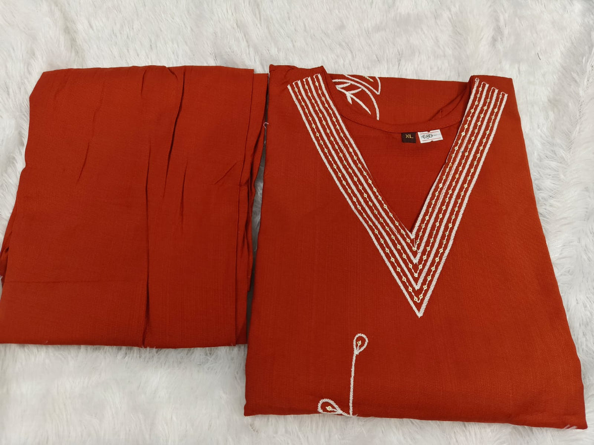 Rustic Orange Premium Embroidered V-Neck Co-Ord Set for Women | Top & Pant Set