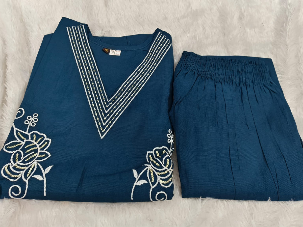 Blue Premium Embroidered V-Neck Co-Ord Set for Women | Top Pant Set