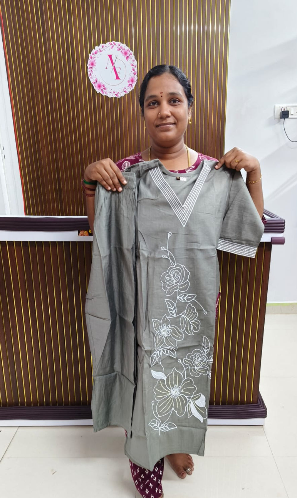Grey Premium Embroidered V-Neck Co-Ord Set for Women | Top Pant Set