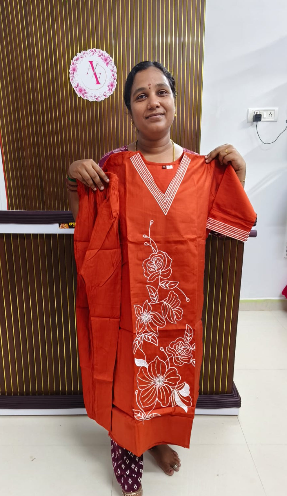 Rustic Orange Premium Embroidered V-Neck Co-Ord Set for Women | Top & Pant Set