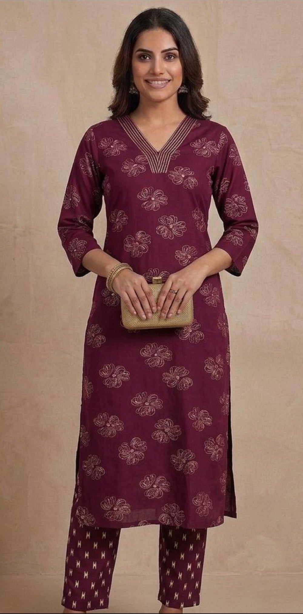 Maroon Premium Rayon Floral Print V Neck Co-Ord Set with Straight Pant | Office wear