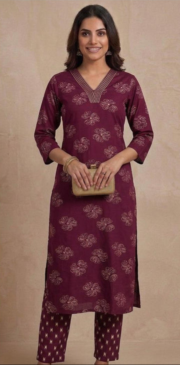 Maroon Premium Rayon Floral Print V Neck Co-Ord Set with Straight Pant | Office wear