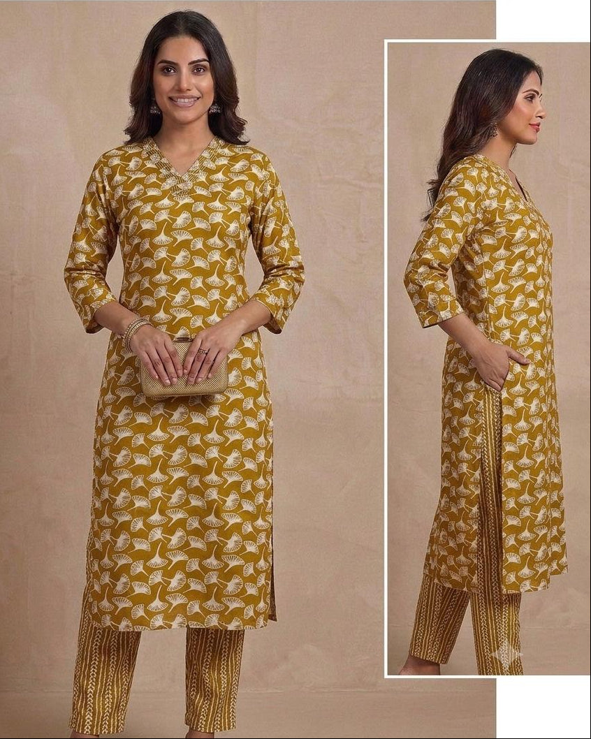 Mustard Premium Rayon Floral Print V Neck Co-Ord Set with Straight Pant | Office wear