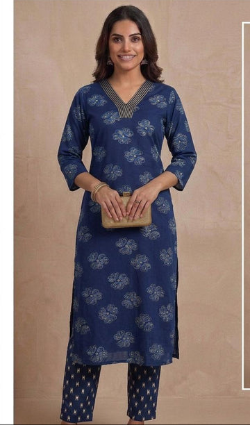 Blue Premium Rayon Floral Print V Neck Co-Ord Set with Straight Pant | Office wear