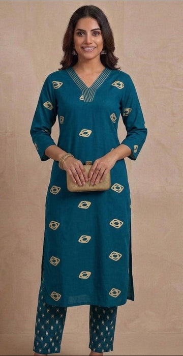 Peacock Blue Premium Rayon Floral Print V Neck Co-Ord Set with Straight Pant | Office wear