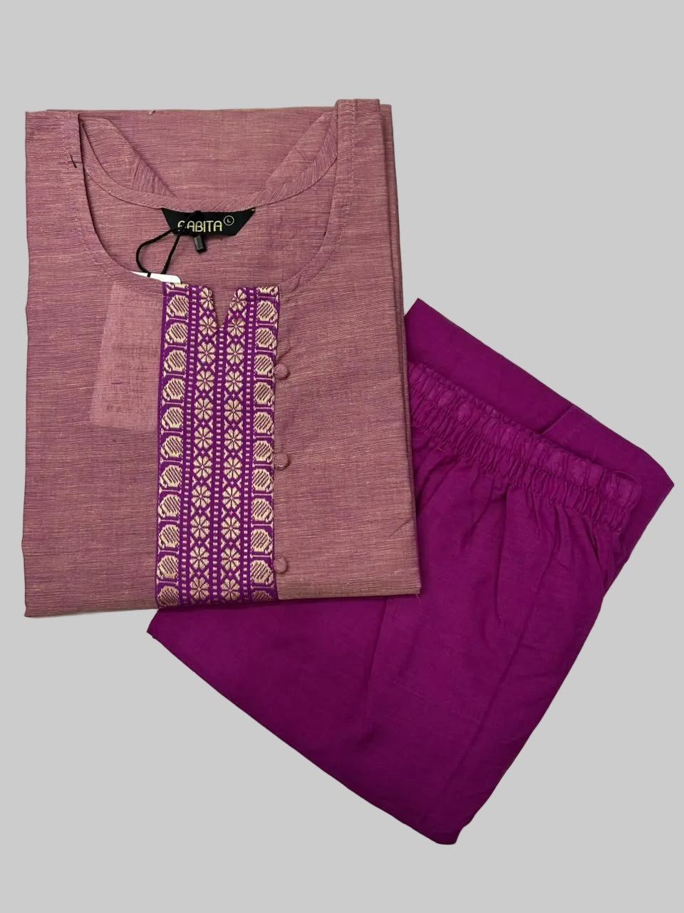 Onion shade with Pink Cotton Dual Shade Kurti with Silk Border & Straight Pant Set | Amsu Fashion