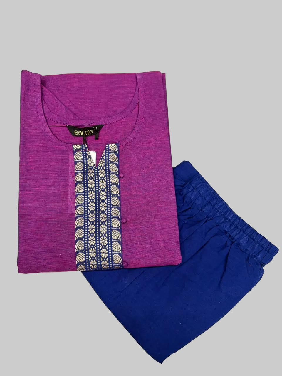 Pink with Blue Cotton Dual Shade Kurti with Silk Border & Straight Pant Set | Amsu Fashion