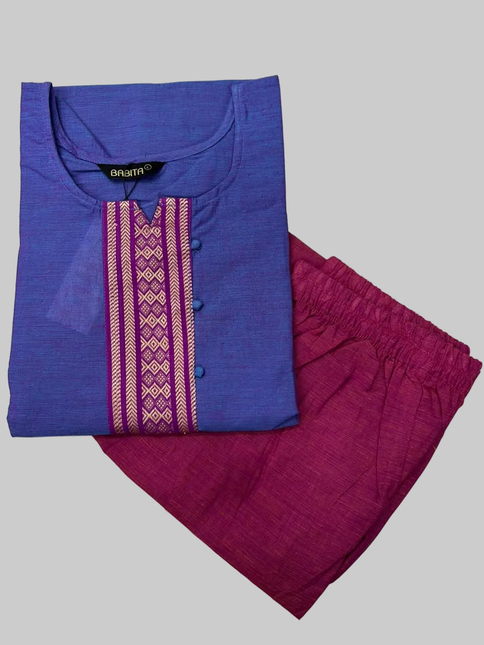 Blue with Pink Cotton Dual Shade Kurti with Silk Border & Straight Pant Set | Amsu Fashion
