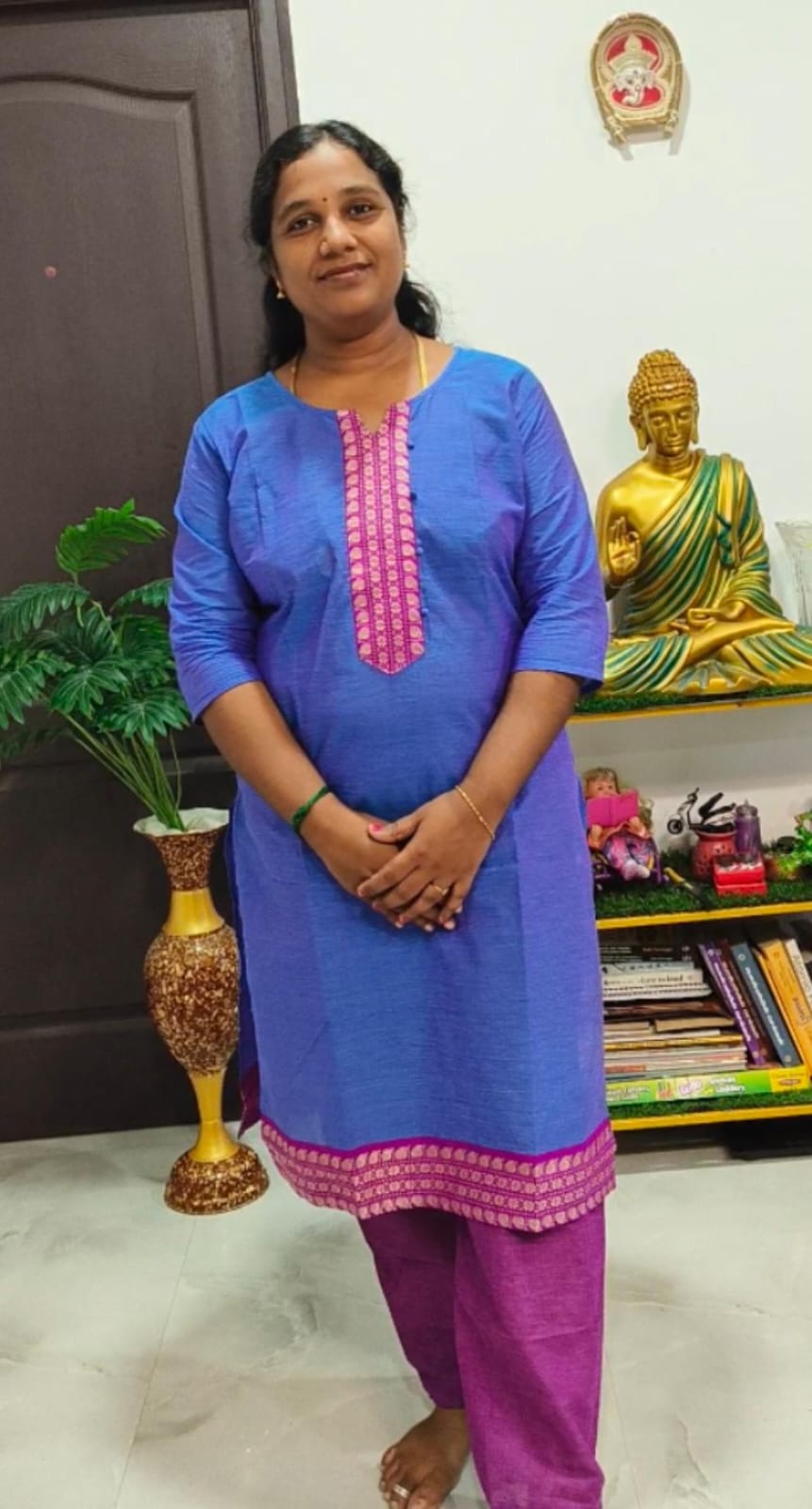 Blue with Pink Cotton Dual Shade Kurti with Silk Border & Straight Pant Set | Amsu Fashion