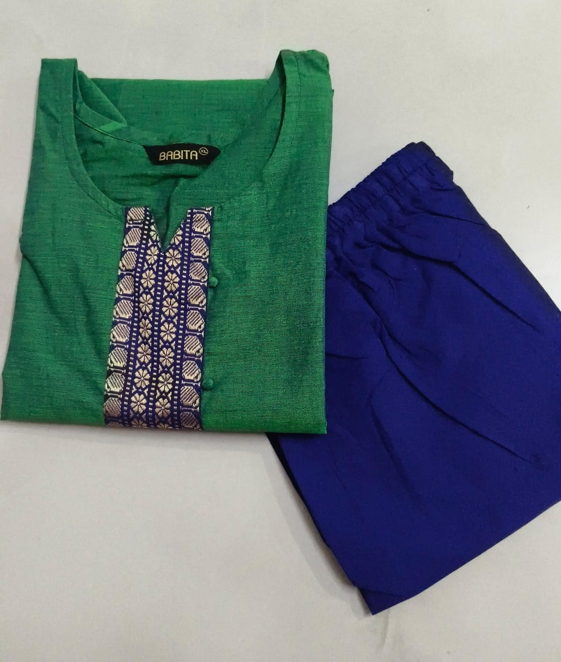 Green with Blue Cotton Dual Shade Kurti with Silk Border & Straight Pant Set | Amsu Fashion