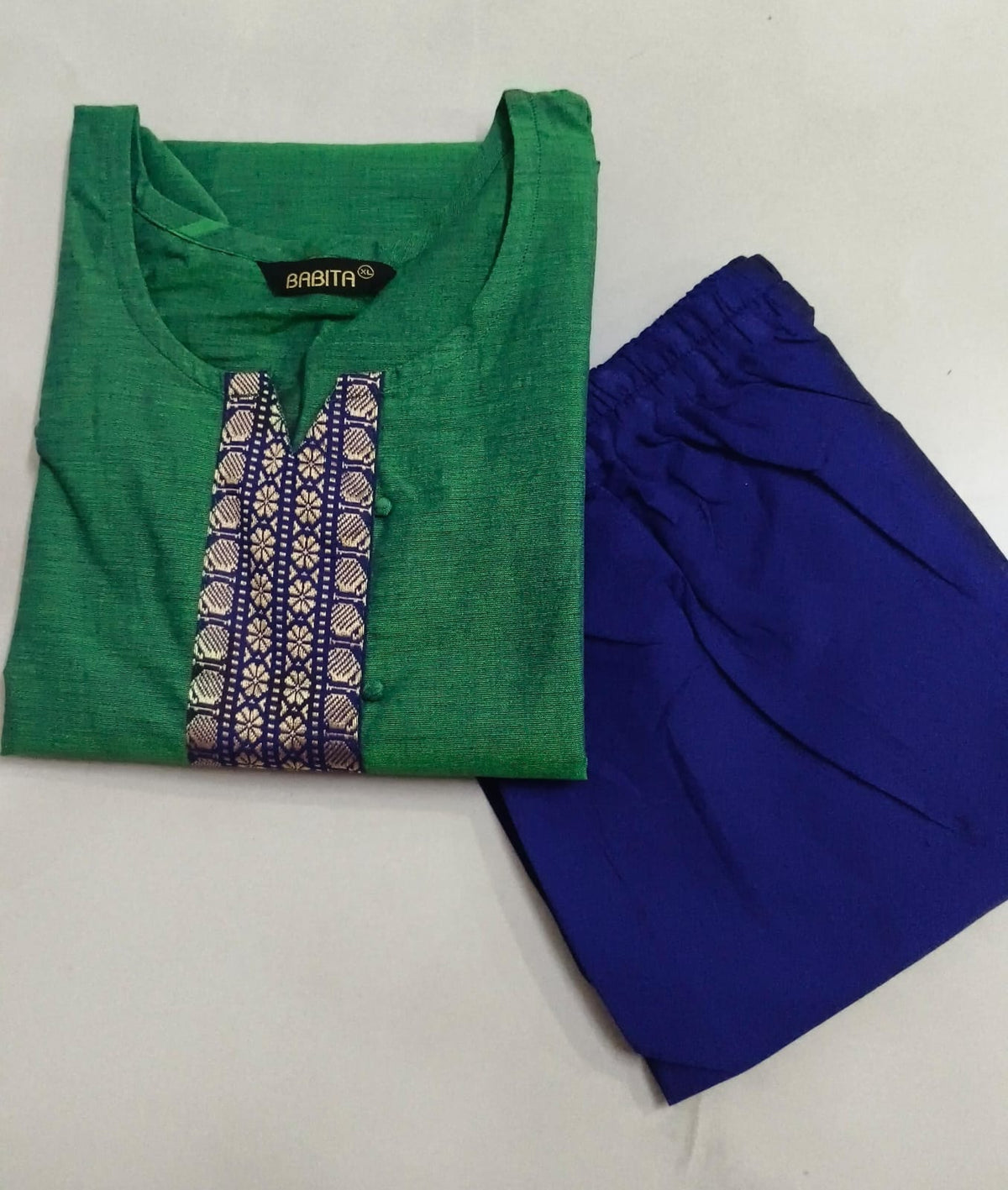 Green with Blue Cotton Dual Shade Kurti with Silk Border & Straight Pant Set | Amsu Fashion