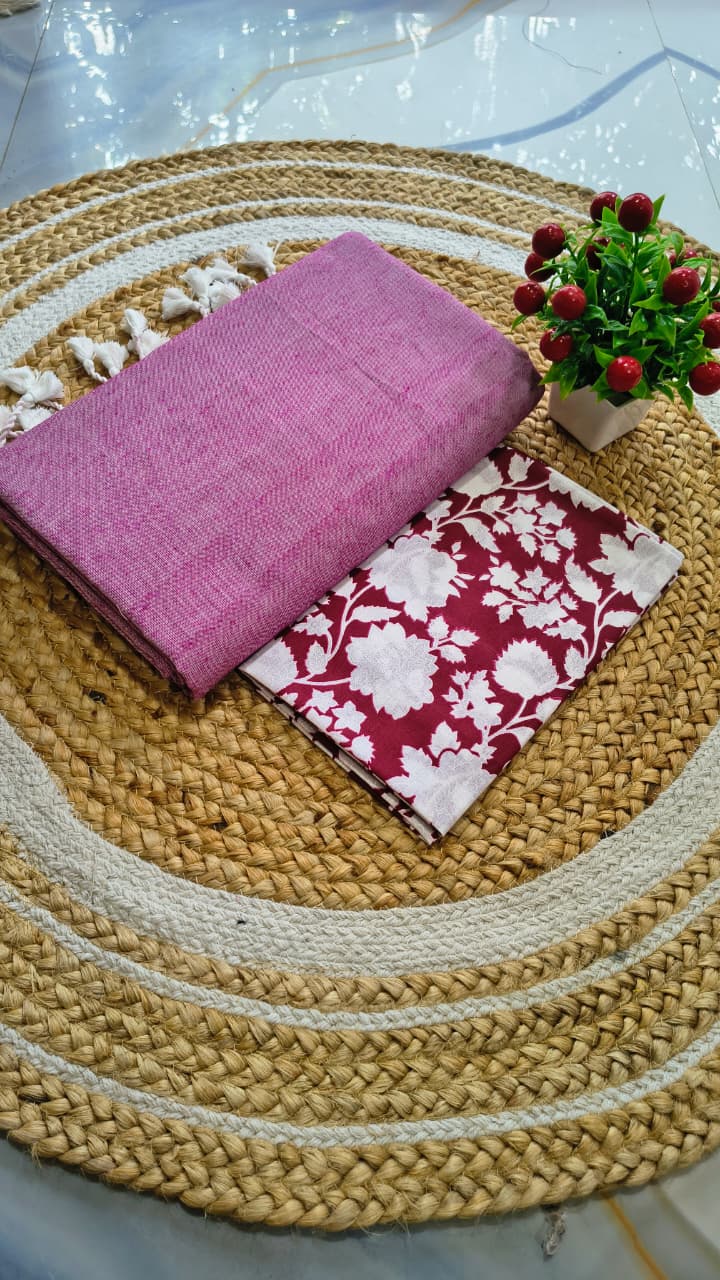 Pink Premium Khadi Saree with Unstitched Kalamkari Blouse Combo