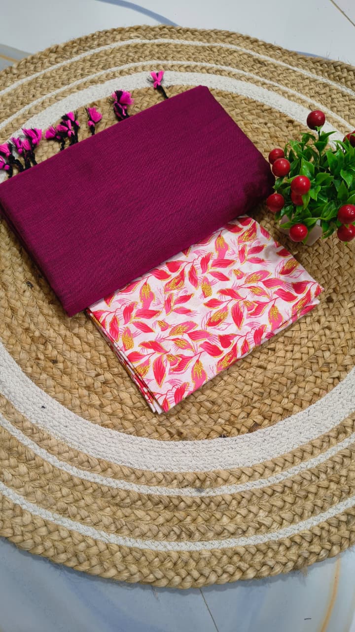 Dark Pink Premium Khadi Saree with Unstitched Kalamkari Blouse Combo