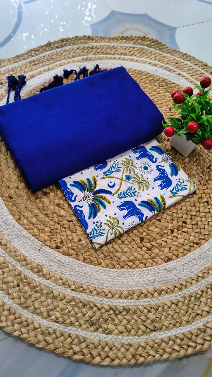 Royal Blue Premium Khadi Saree with Unstitched Kalamkari Blouse Combo