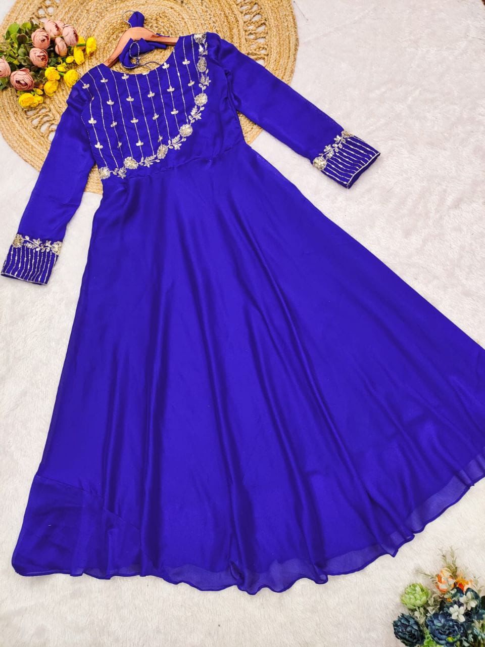 Royal Blue Georgette Long Kurti with Complete Lining