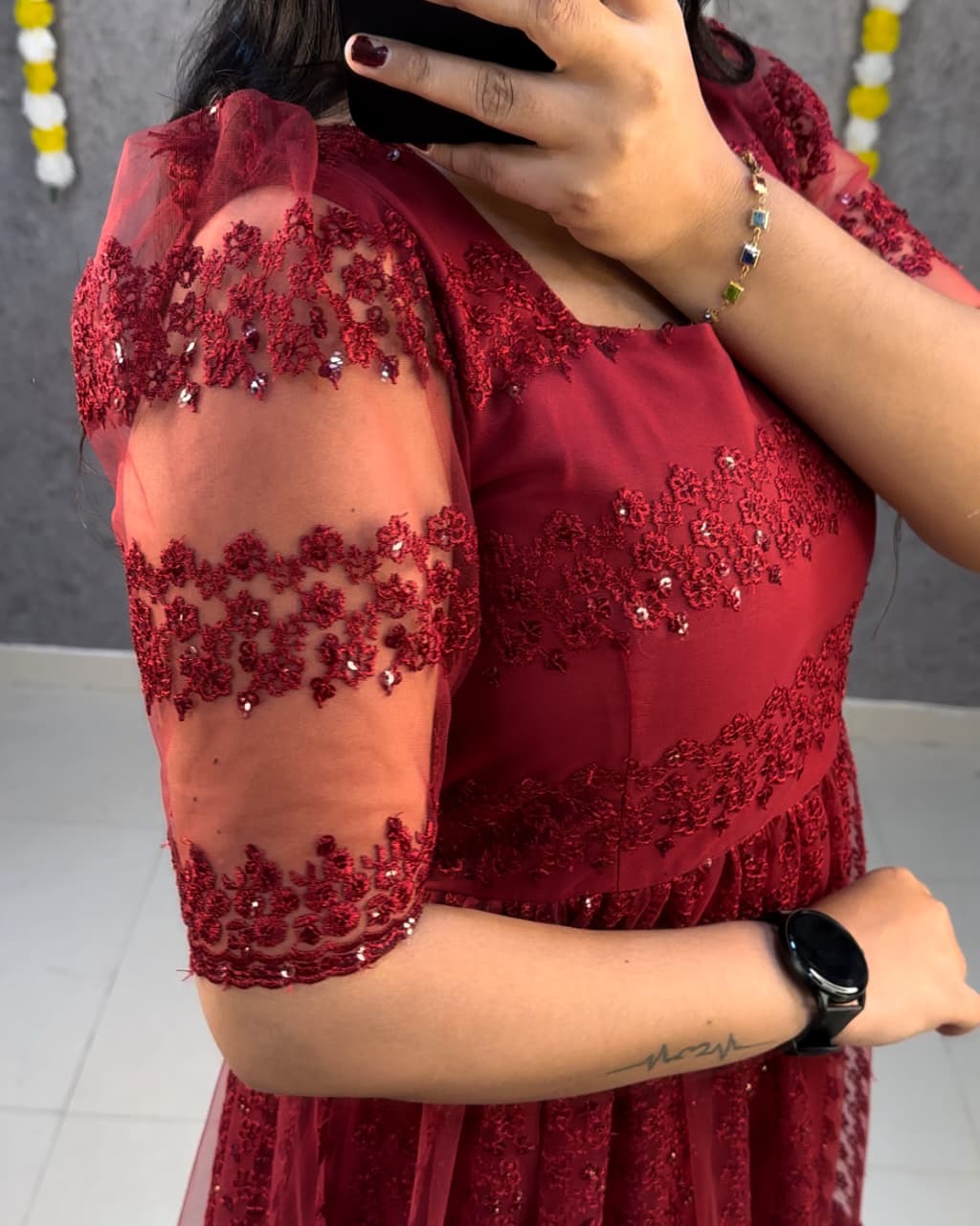 Maroon Heavy Net Flower Embroidered Frock with Full Crepe Lining