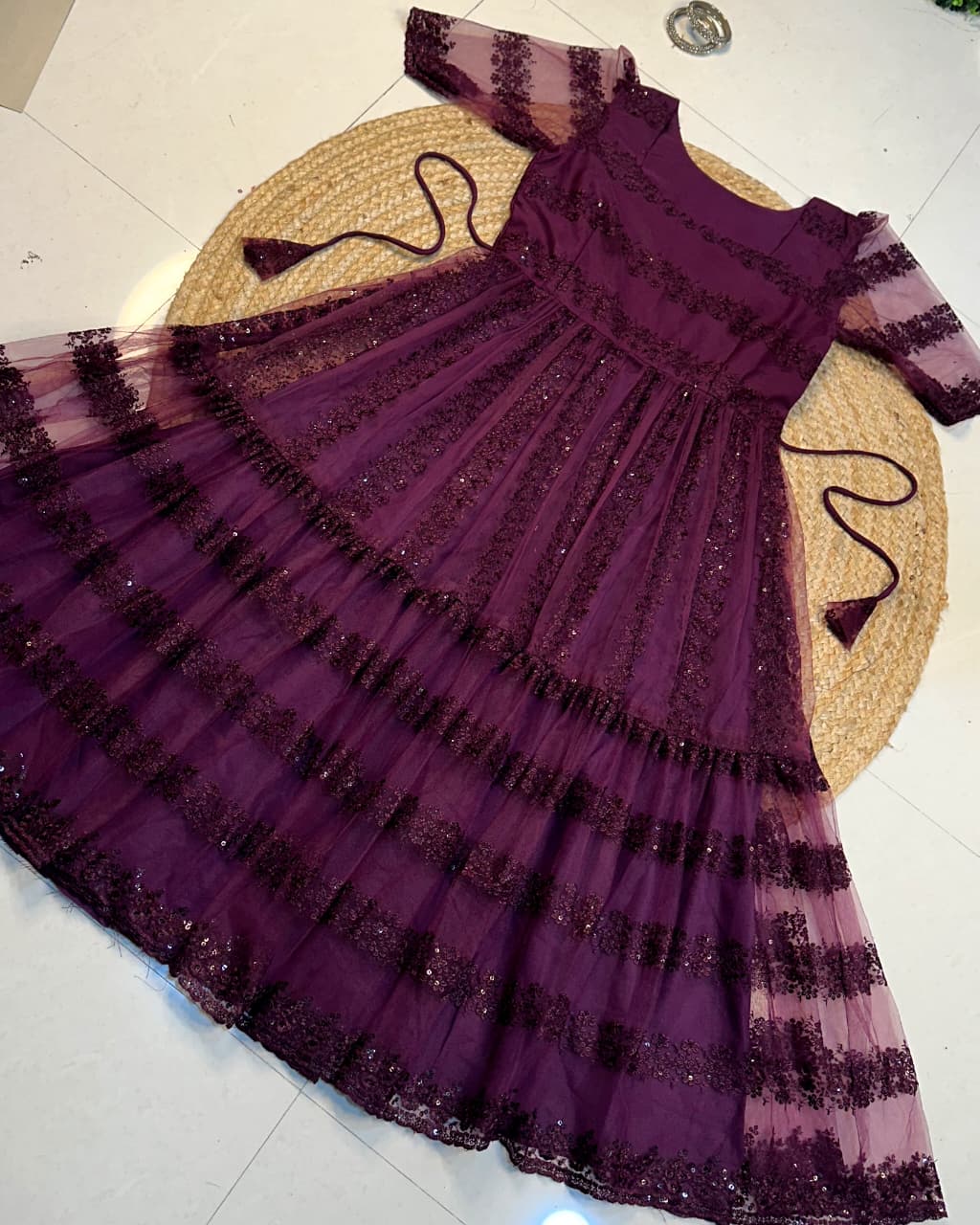 Dark Pink Heavy Net Flower Embroidered Frock with Full Crepe Lining