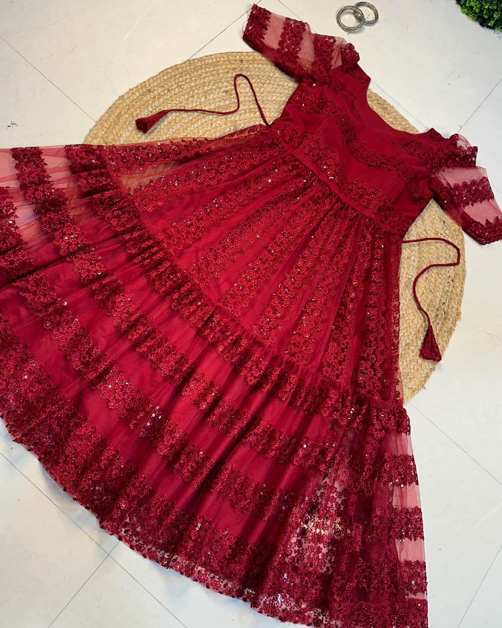 Maroon Heavy Net Flower Embroidered Frock with Full Crepe Lining