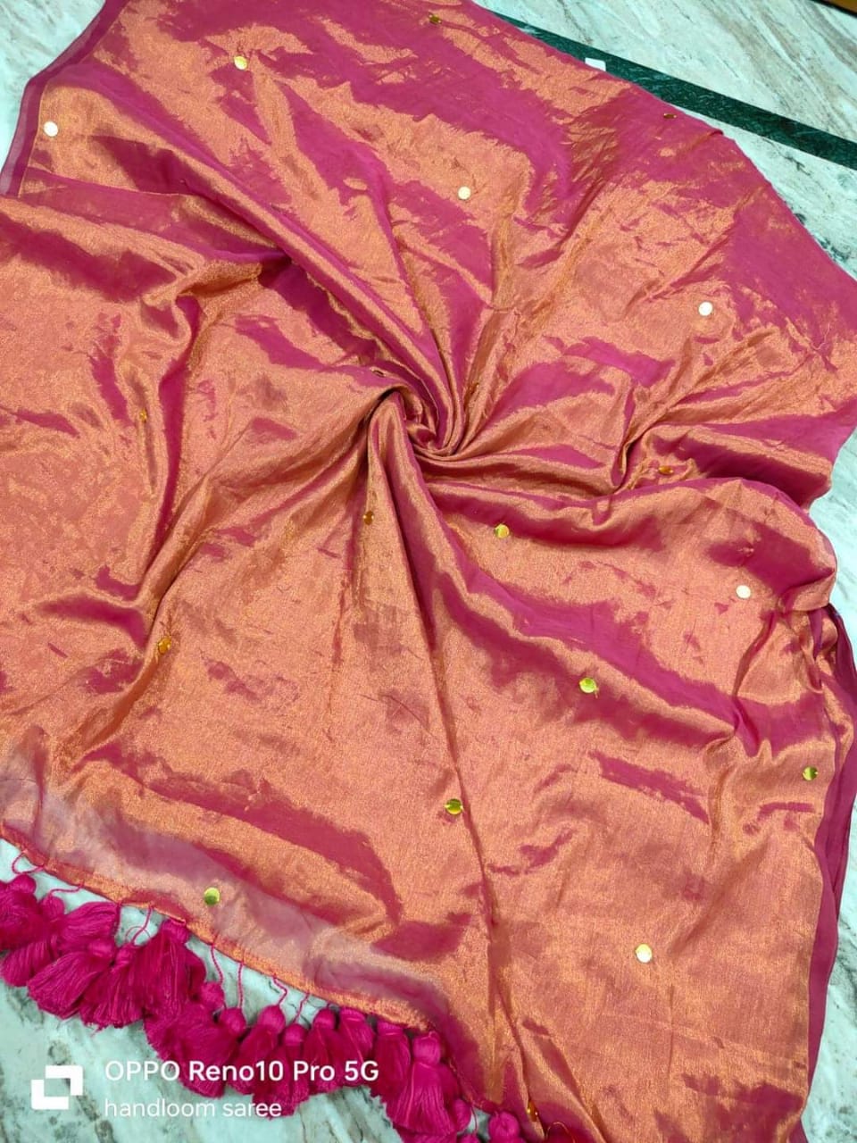 Pink Shade Tissue Silk Saree with Gini Work with Tassel Pallu | Designer Festive Wear Saree with Running Blouse