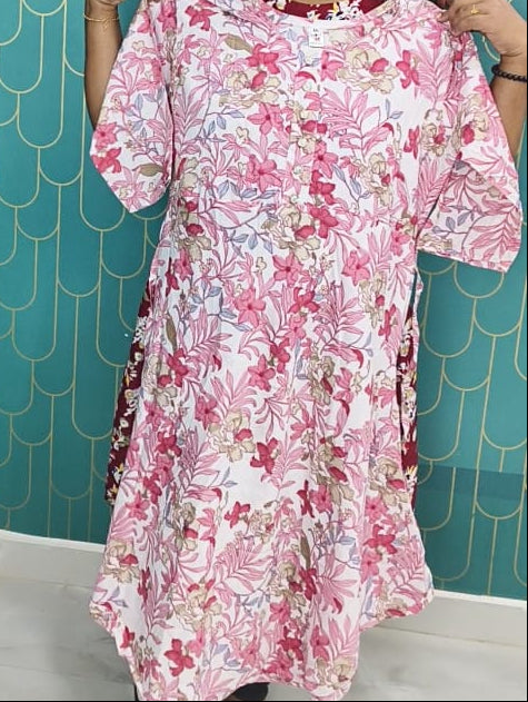 Popcorn Lightweight Umbrella Kurti for Women – Pink Floral Flared Casual Ethnic Wear