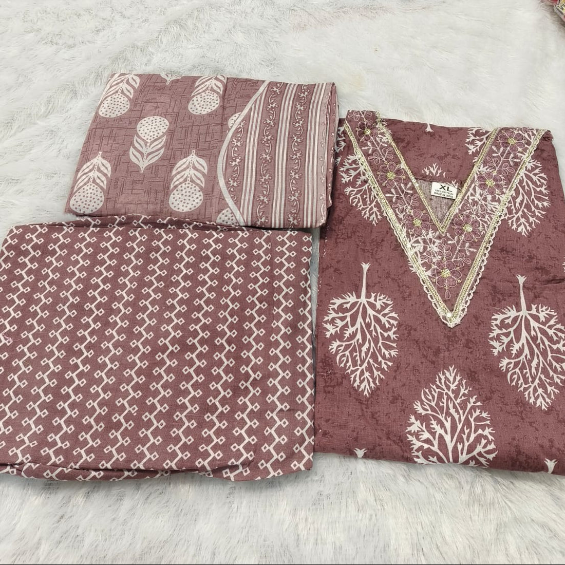 Brown shade Premium Cotton 3-Piece Kurti Set for Women with Pant Dupatta