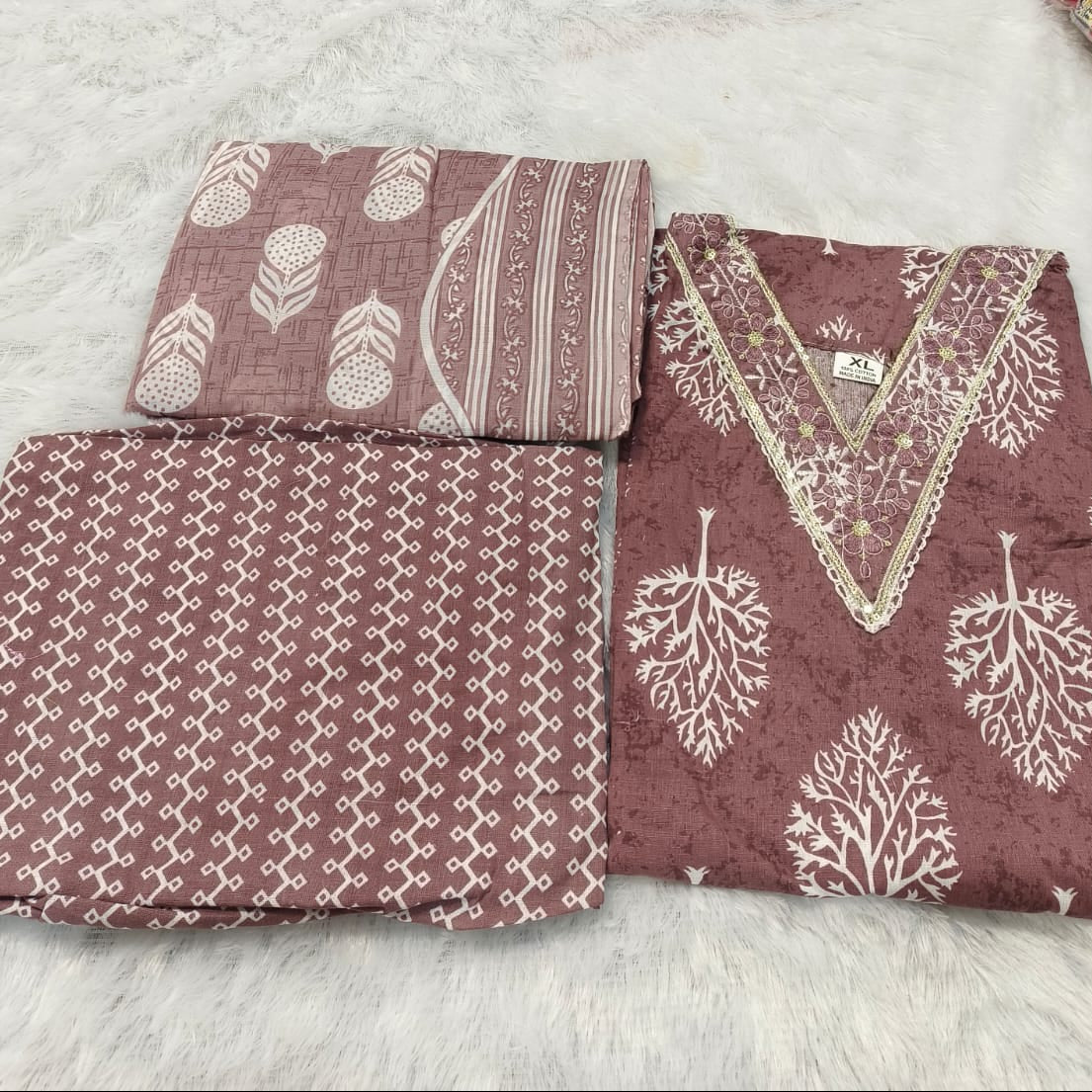 Brown shade Premium Cotton 3-Piece Kurti Set for Women with Pant Dupatta