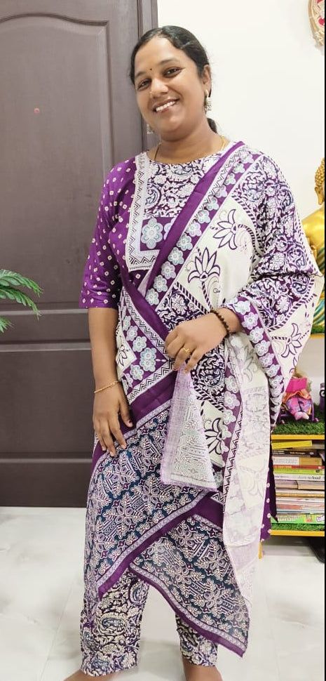 Purple Premium Purple Rayon 3-Piece Kurti Set for Women | Kurti Pant Dupatta Festive Wear