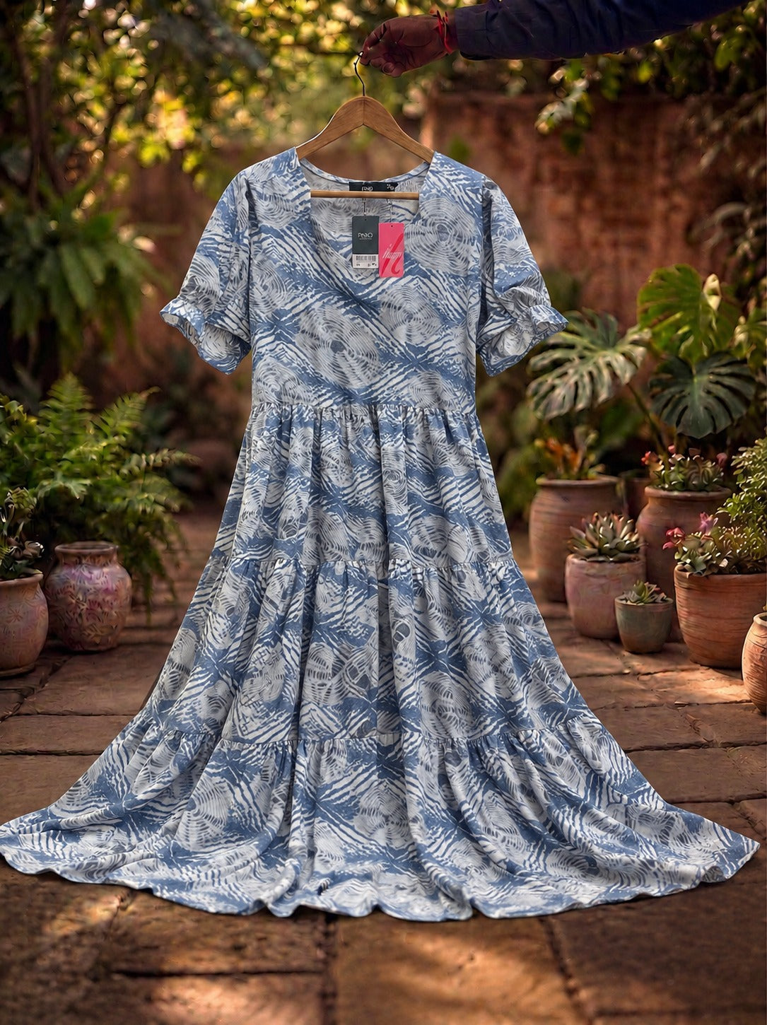 Light Blue Premium Rayon 3 Tier Long Maxi Gown | Puff Sleeve Long Dress with pocket