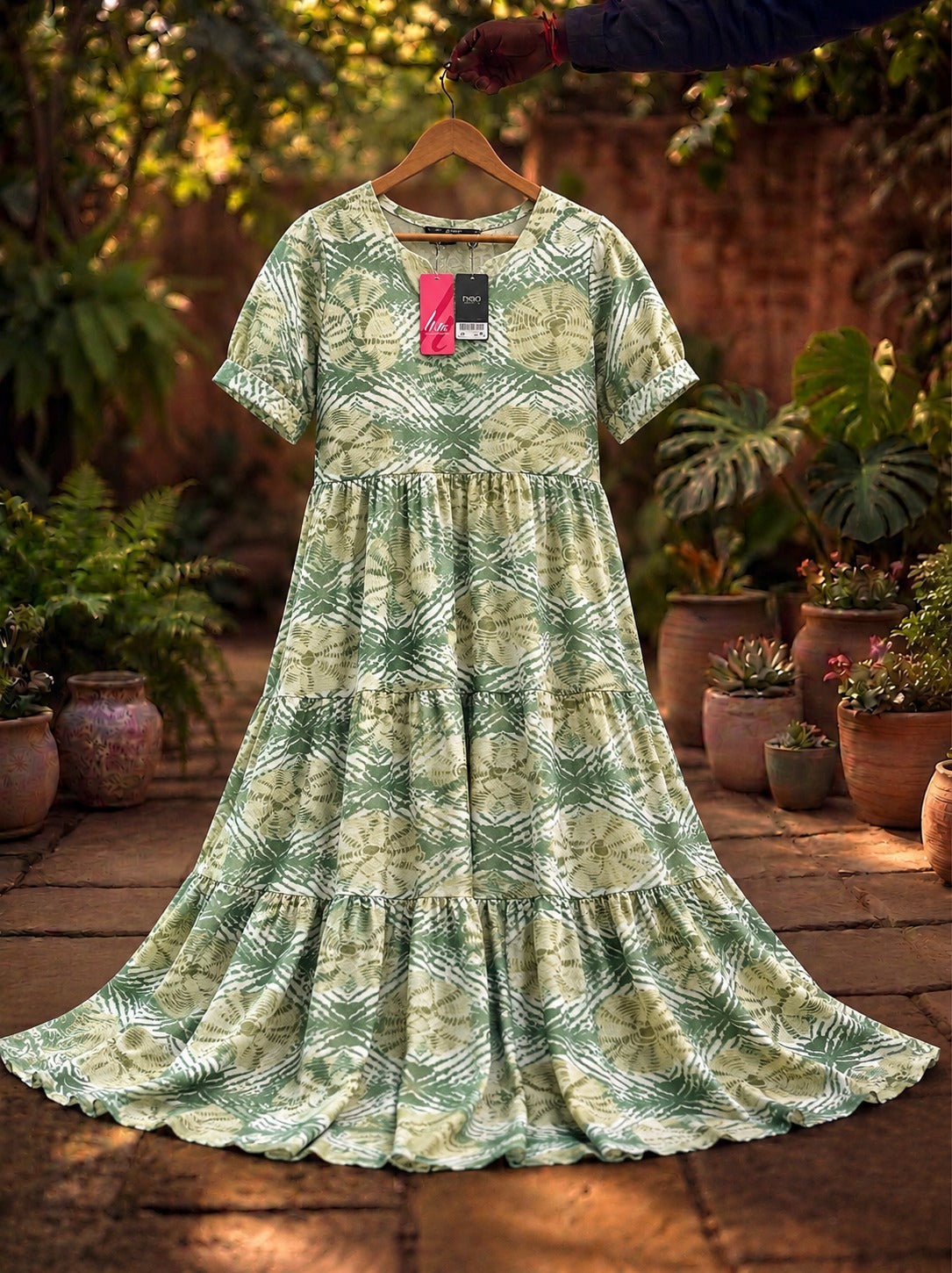 Green Premium Rayon 3 Tier Long Maxi Gown | Puff Sleeve Long Dress for Women