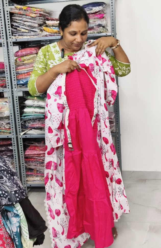 Women's Georgette Long Gown with Printed Overcoat & Hip Belt | Stretchable Free Size (S to L)