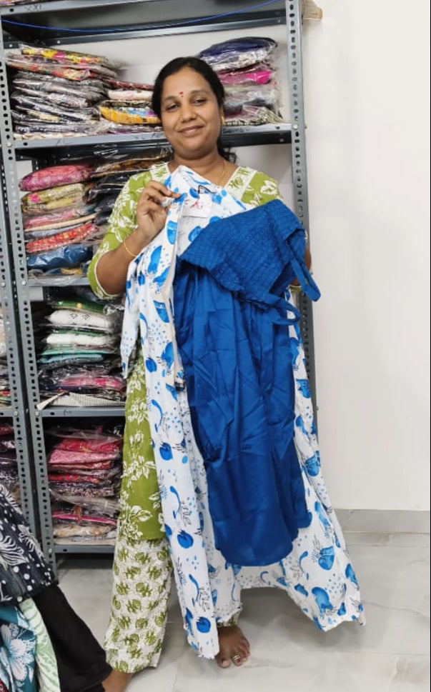 Women's Georgette Long Gown with Printed Overcoat & Hip Belt | Stretchable Free Size (S to L)