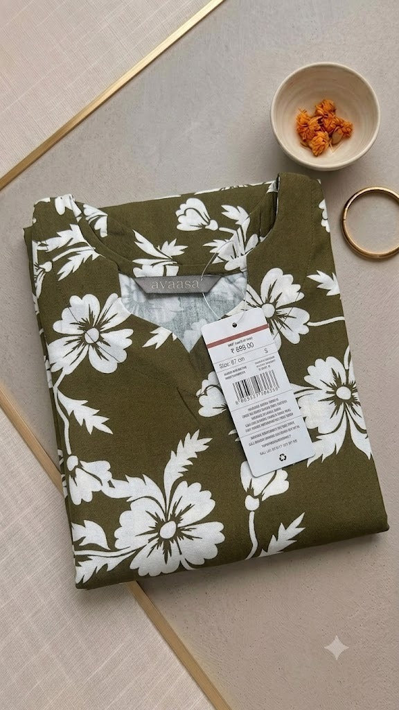 Olive Green Premium Avaasa Women's Side Cut Kurti | Trendy Neck | Office & Casual Wear