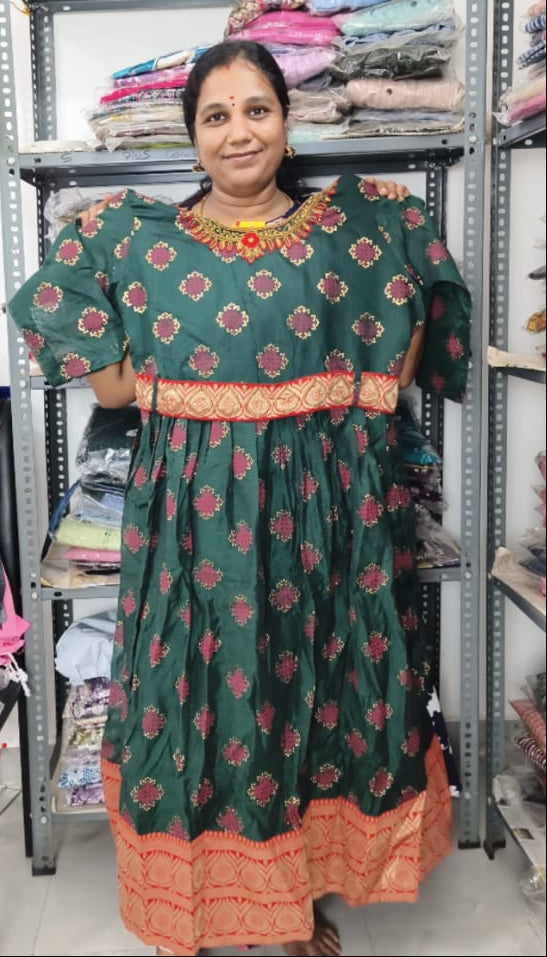 Green Premium Cotton Silk Long Umbrella Kurti with Kanchi Border &  Hip Belt (4xl , 5xl, 6xl )