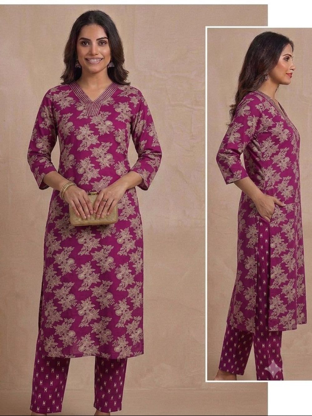 Dark wine Premium Rayon Floral Print V Neck Co-Ord Set with Straight Pant | Office wear