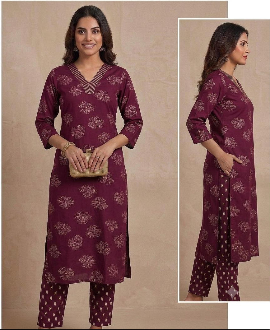 Maroon Premium Rayon Floral Print V Neck Co-Ord Set with Straight Pant | Office wear