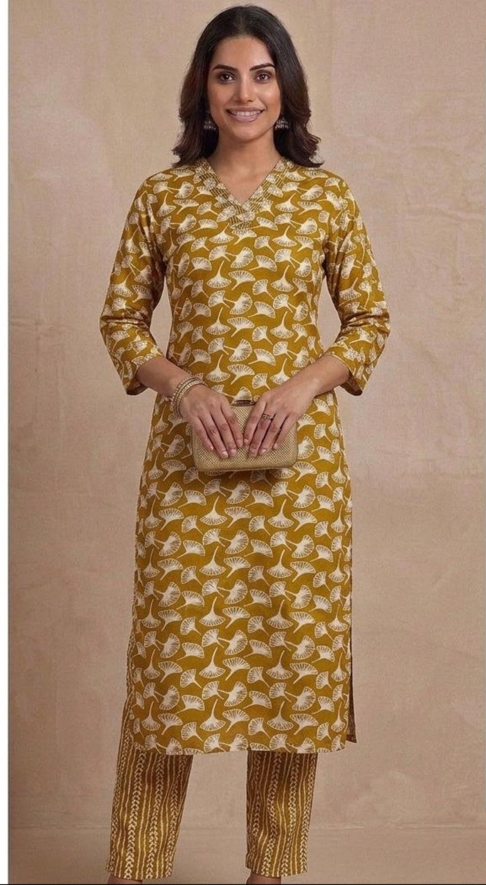 Mustard Premium Rayon Floral Print V Neck Co-Ord Set with Straight Pant | Office wear