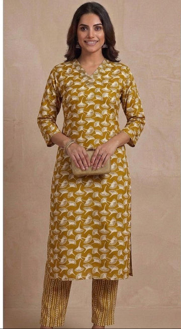 Mustard Premium Rayon Floral Print V Neck Co-Ord Set with Straight Pant | Office wear