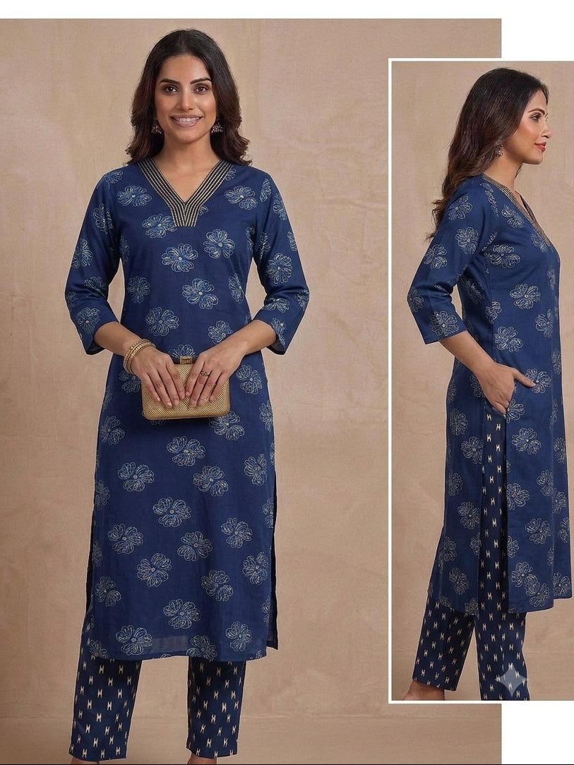 Blue Premium Rayon Floral Print V Neck Co-Ord Set with Straight Pant | Office wear
